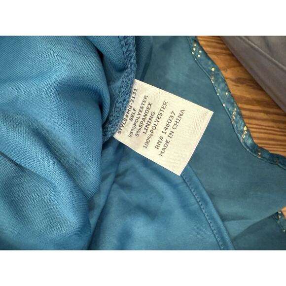 Vici Smocked Long Sleeve Dress Ruffle Hem Blue Gold Small Lined - Picture 6 of 6